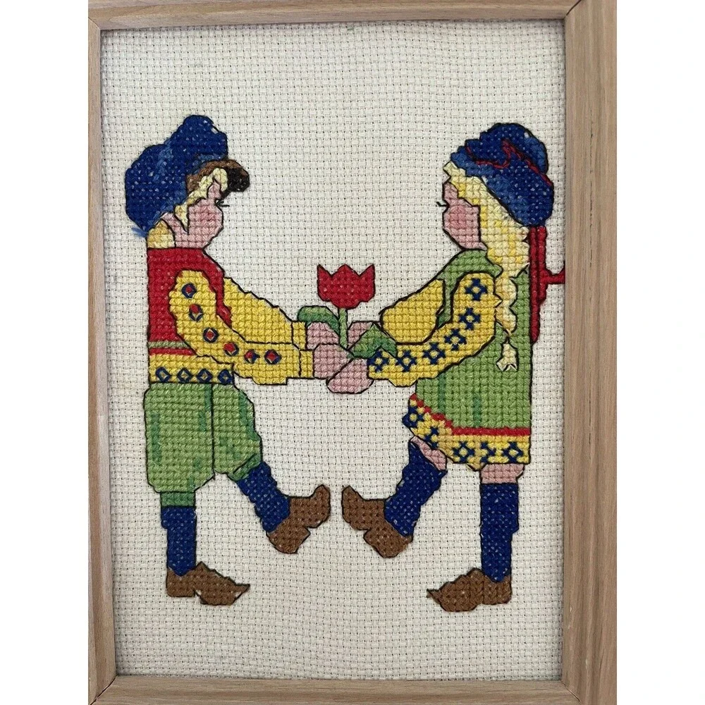 Framed Completed Dutch Girl and Boy Cross Stitch Hand Stitched  Nice 9x7